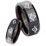 His Hers Master Mason Masonic  Beveled Edges Black Tungsten Men's Band Ring Set