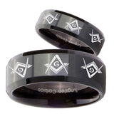 His Hers Master Mason Masonic  Beveled Edges Black Tungsten Men's Band Ring Set