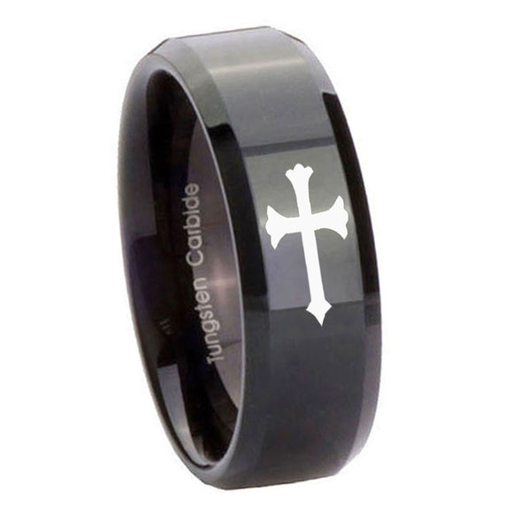 10mm Christian Cross Beveled Edges Black Tungsten Carbide Mens Anniversary Ring