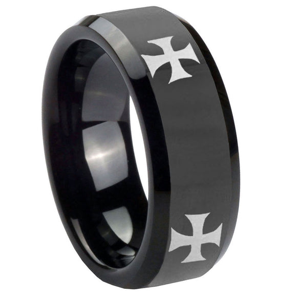 10mm 4 Maltese Cross Beveled Edges Black Tungsten Carbide Men's Wedding Band