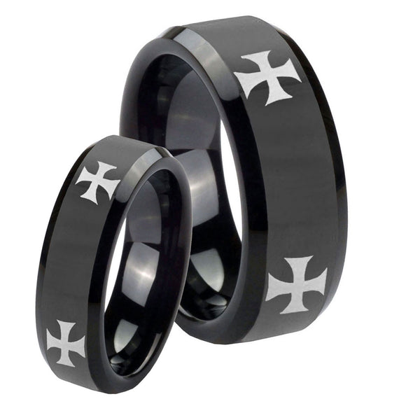 His Hers 4 Maltese Cross Beveled Edges Black Tungsten Promise Ring Set