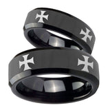 His Hers 4 Maltese Cross Beveled Edges Black Tungsten Promise Ring Set