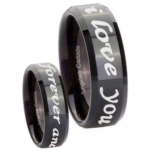 His Hers I Love You Forever and ever Beveled Black Tungsten Rings Set