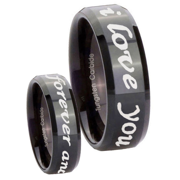 His Hers I Love You Forever and ever Beveled Black Tungsten Rings Set