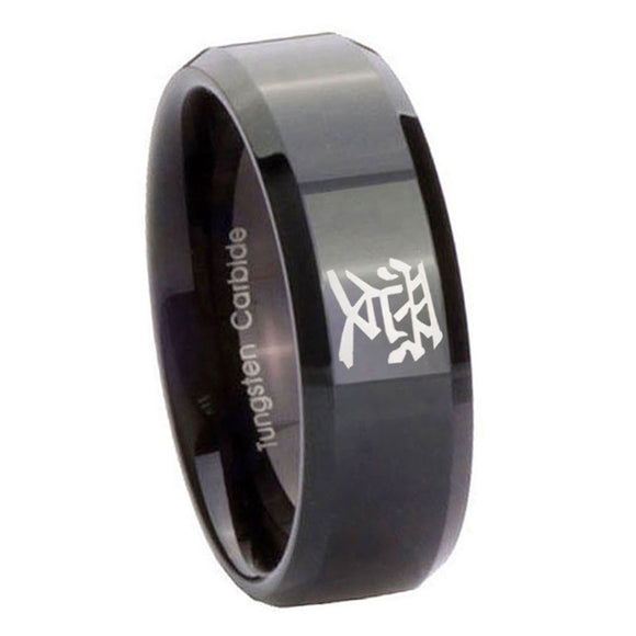 10mm Kanji Love Beveled Edges Black Tungsten Carbide Mens Promise Ring
