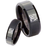 His Hers Kanji Love Beveled Edges Black Tungsten Mens Ring Engraved Set