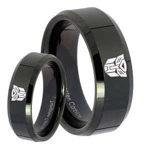 His Hers Transformers Autobot Beveled Edges Black Tungsten Wedding Band Ring Set