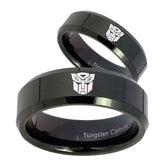 His Hers Transformers Autobot Beveled Edges Black Tungsten Wedding Band Ring Set