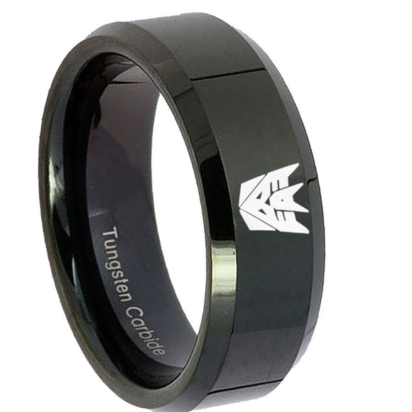 10mm Decepticon Transformers Beveled Edges Black Tungsten Mens Ring Engraved