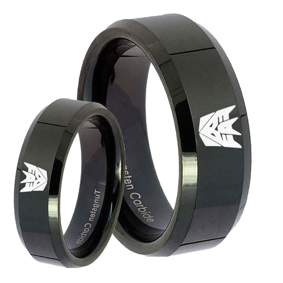 His Hers Decepticon Transformers Beveled Edges Black Tungsten Rings for Men Set