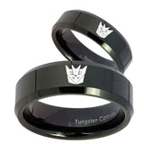 His Hers Decepticon Transformers Beveled Edges Black Tungsten Rings for Men Set