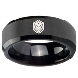 10mm Chief Master Sergeant Vector Beveled Edges Black Tungsten Mens Bands Ring