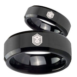 His Hers Chief Master Sergeant Vector Beveled Edges Black Tungsten Bands Ring Set