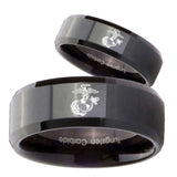 His Hers Marine Beveled Edges Black Tungsten Wedding Engagement Ring Set