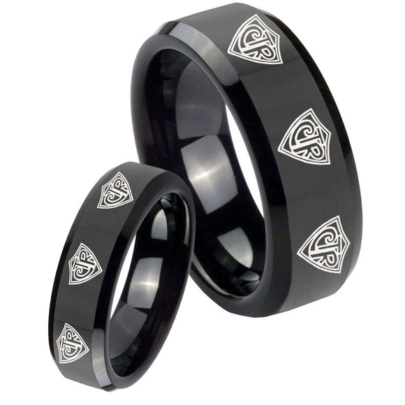 His Hers Multiple CTR Beveled Edges Black Tungsten Anniversary Ring Set