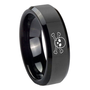 10mm Skull Beveled Edges Black Tungsten Carbide Mens Wedding Ring