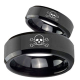 Bride and Groom Skull Beveled Edges Black Tungsten Rings for Men Set