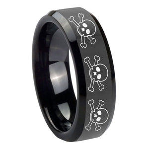 10mm Multiple Skull Beveled Edges Black Tungsten Carbide Wedding Band Ring