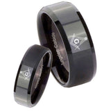 His and Hers Master Mason Beveled Edges Black Tungsten Engraved Ring Set