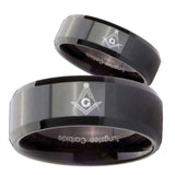 His and Hers Master Mason Beveled Edges Black Tungsten Engraved Ring Set