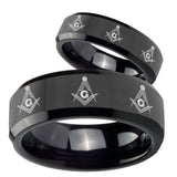 His Hers Multiple Master Mason Beveled Black Tungsten Mens Engagement Ring Set