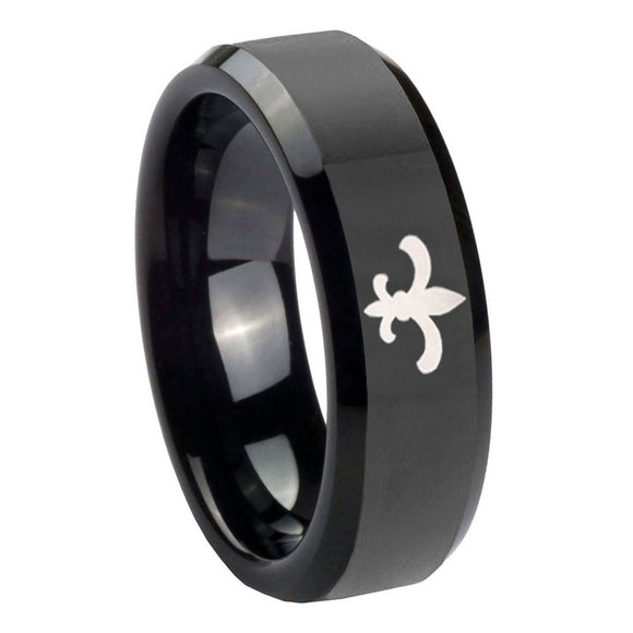 10mm Fleur De Lis Beveled Edges Black Tungsten Carbide Custom Mens Ring