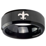 10mm Fleur De Lis Beveled Edges Black Tungsten Carbide Custom Mens Ring