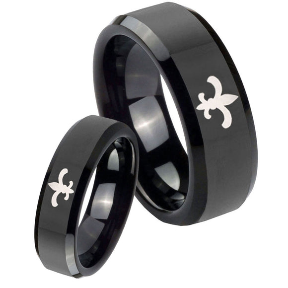 His Hers Fleur De Lis Beveled Edges Black Tungsten Mens Anniversary Ring Set