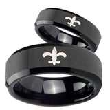 His Hers Fleur De Lis Beveled Edges Black Tungsten Mens Anniversary Ring Set