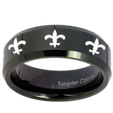 10mm Multiple Fleur De Lis Beveled Edges Black Tungsten Mens Engagement Band