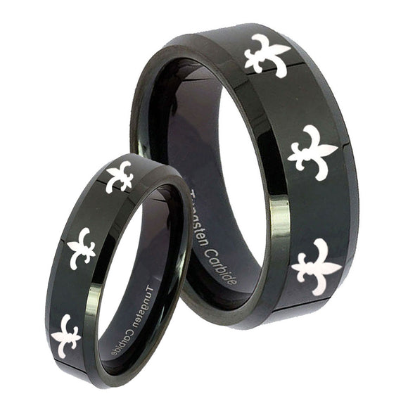 His Hers Multiple Fleur De Lis Beveled Black Tungsten Men's Engagement Ring Set