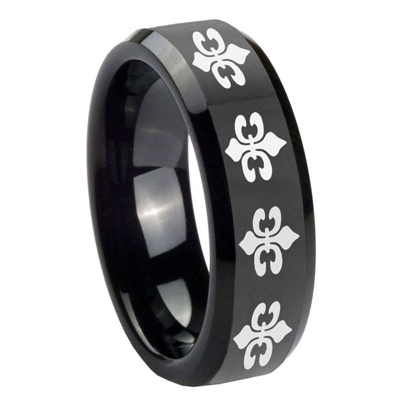 10mm Multiple Fleur De Lis Beveled Edges Black Tungsten Carbide Mens Ring