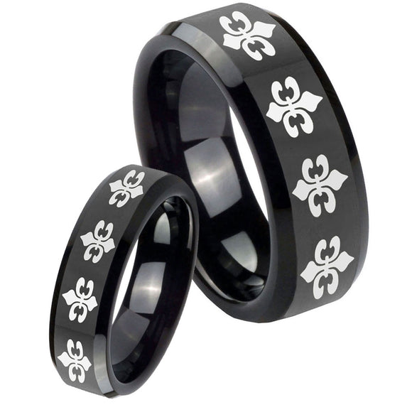 His Hers Multiple Fleur De Lis Beveled Black Tungsten Mens Ring Personalized Set