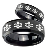 His Hers Multiple Fleur De Lis Beveled Black Tungsten Mens Ring Personalized Set