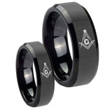 His Hers Master Mason Masonic Beveled Edges Black Tungsten Men Rings Set