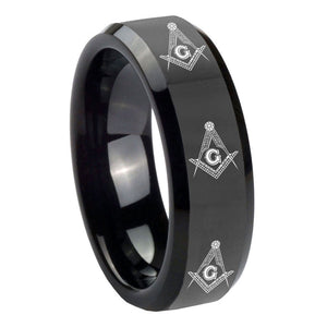 10mm Multiple Master Mason Masonic Beveled Black Tungsten Men's Engagement Ring