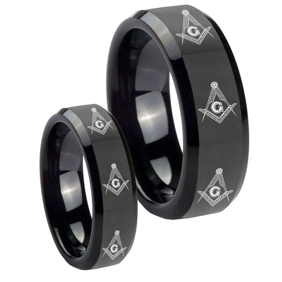 His Hers Multiple Master Mason Masonic Beveled Black Tungsten Engraved Ring Set