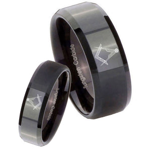 Bride and Groom Masonic Beveled Edges Black Tungsten Bands Ring Set