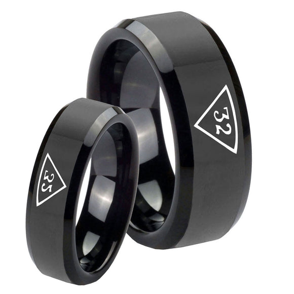 His and Hers Masonic 32 Triangle Freemason Beveled Edges Black Tungsten Custom Ring for Men Set