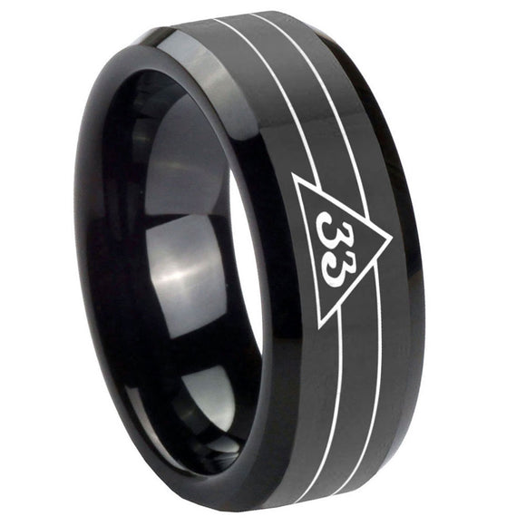 10mm Masonic 32 Duo Line Freemason Beveled Edges Black Tungsten Carbide Wedding Engraving Ring