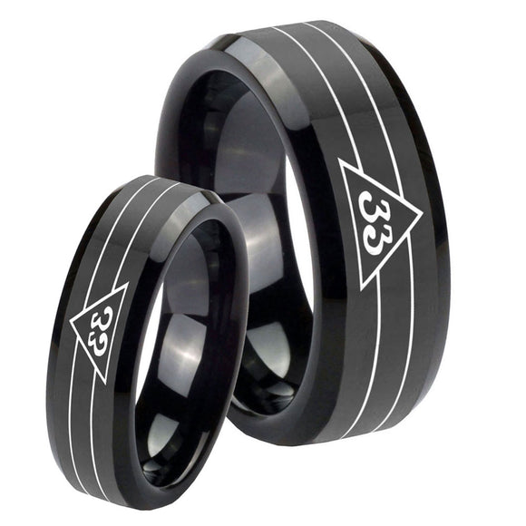 His and Hers Masonic 32 Duo Line Freemason Beveled Edges Black Tungsten Custom Ring for Men Set