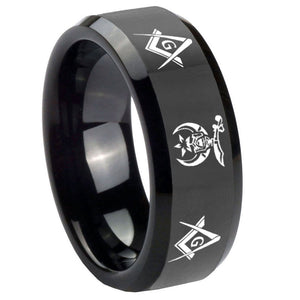 10mm Masonic Shriners Beveled Edges Black Tungsten Carbide Mens Wedding Band