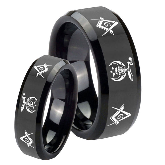 His Hers Masonic Shriners Beveled Edges Black Tungsten Personalized Ring Set