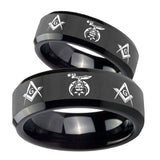 His Hers Masonic Shriners Beveled Edges Black Tungsten Personalized Ring Set