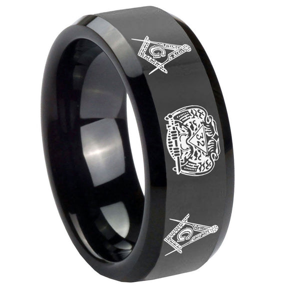 10mm Masonic 32 Design Beveled Edges Black Tungsten Carbide Promise Ring
