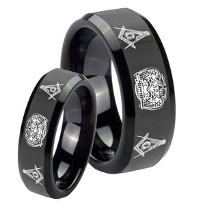 His Hers Masonic 32 Design Beveled Edges Black Tungsten Wedding Bands Ring Set