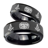 His Hers Masonic 32 Design Beveled Edges Black Tungsten Wedding Bands Ring Set