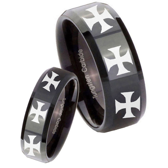 His Hers Multiple Maltese Cross Beveled Edges Black Tungsten Custom Mens Ring Set