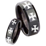 His Hers Multiple Maltese Cross Beveled Edges Black Tungsten Custom Mens Ring Set