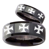 His Hers Multiple Maltese Cross Beveled Edges Black Tungsten Custom Mens Ring Set